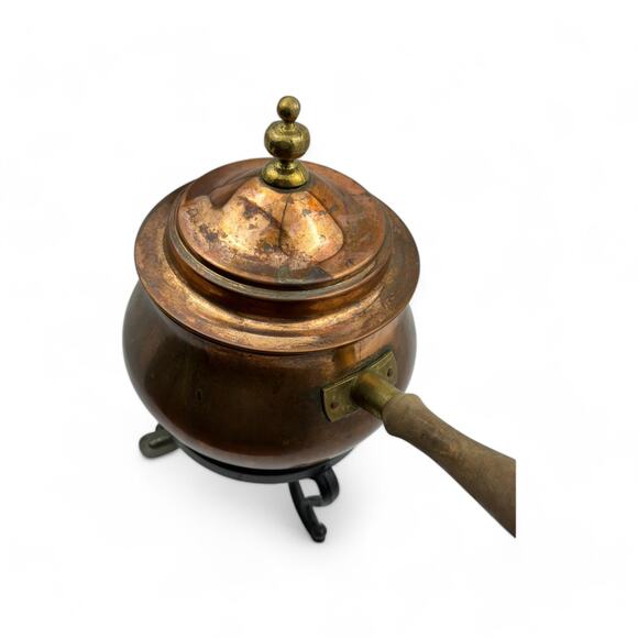Vintage Copper Fondue Pot with Brass Accents and Stand - Made in Italy - Picture 6 of 16